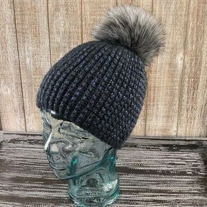Handmade Crochet Metallic Blue Beanie Pom Pom Hat